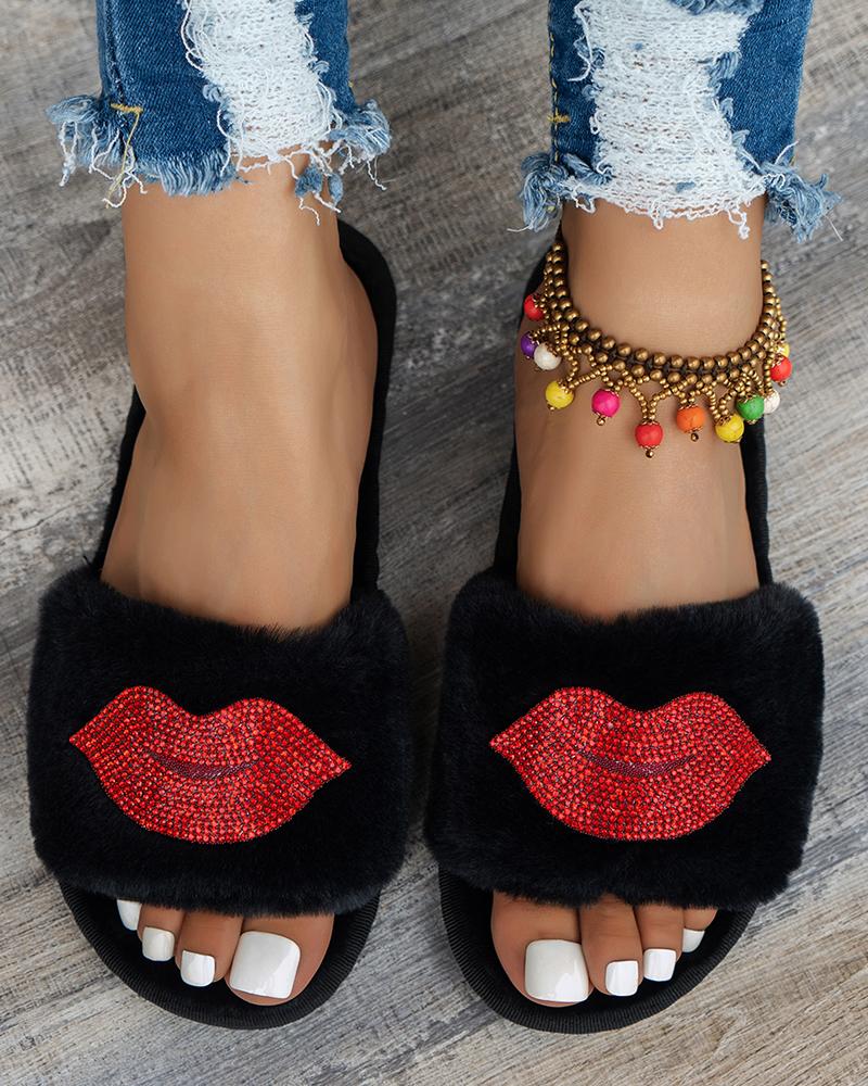

Rhinestone Lip Pattern One Strap Fuzzy Slippers, Black&red