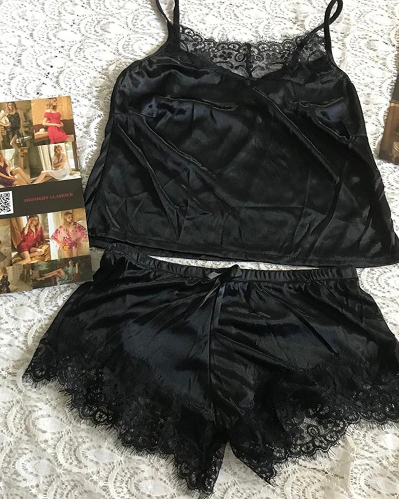 

Satin Eyelash Crochet Lace Bowknot Decor Cami Set, Black