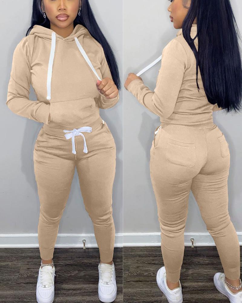 

Long Sleeve Hoodie & Drawstring Pants Set, Khaki