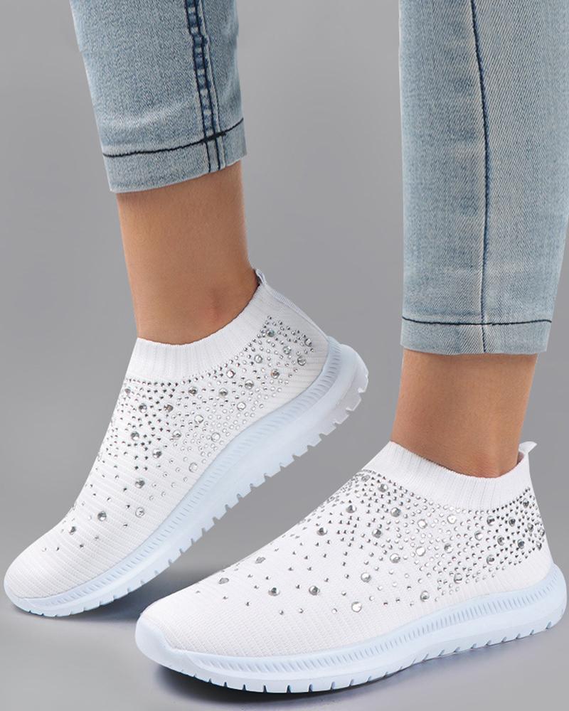 

Rhinestone Round Toe Slip On Sneakers, White