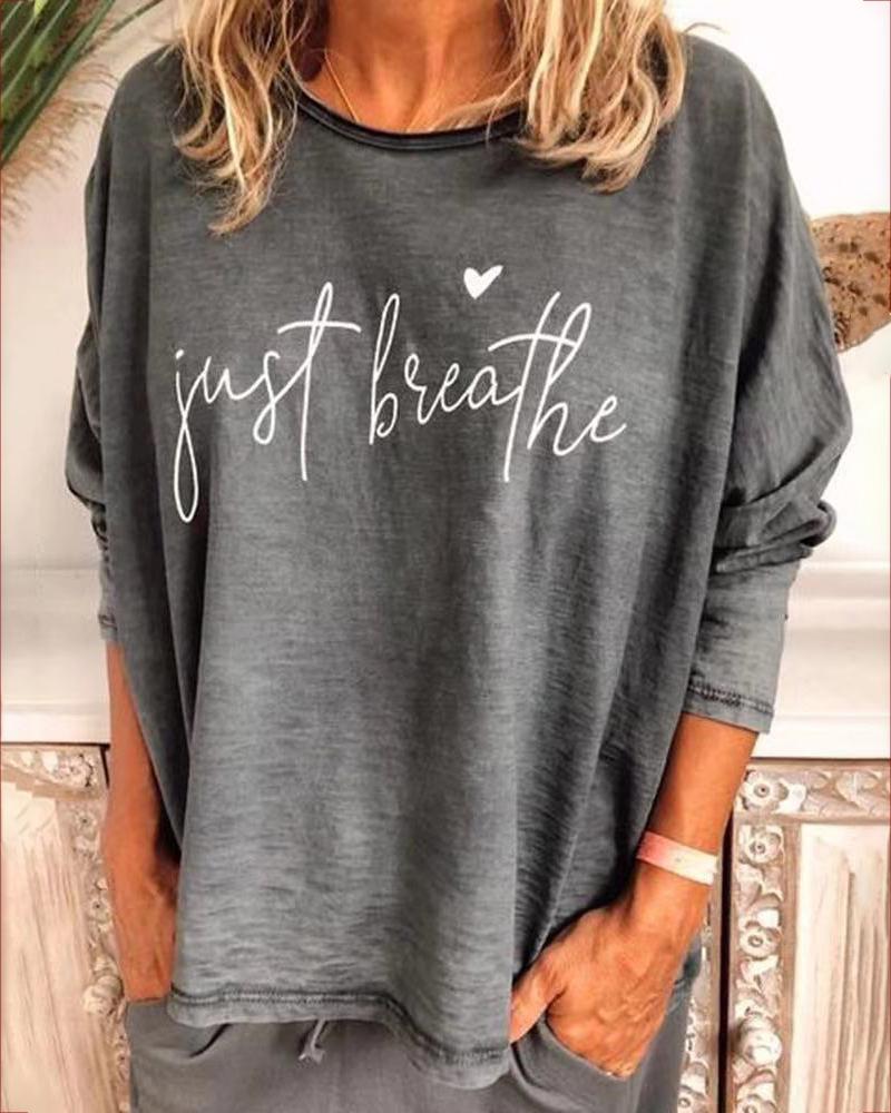 

Letter Pattern Heart Print Causal T-shirt, Gray