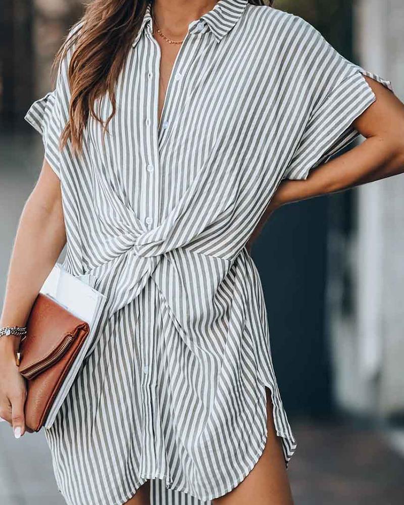 

Stripe Print Twisted Front Slit Shirt Dress, Gray