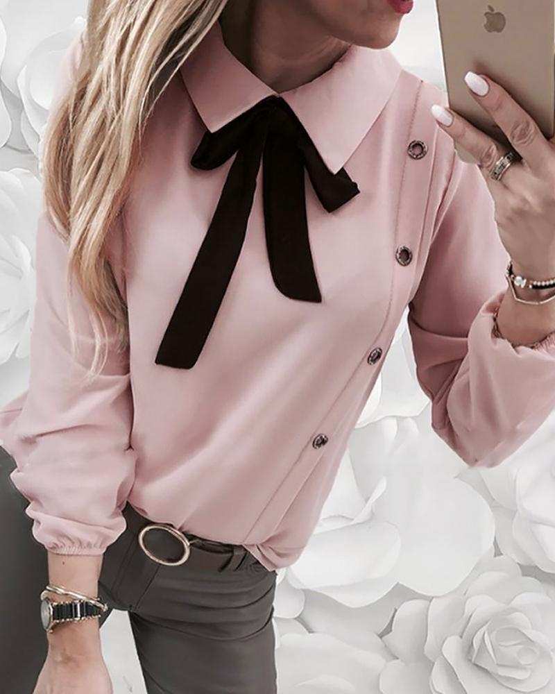 

Contrast Tied Neck Buttoned Casual Shirt, Pink