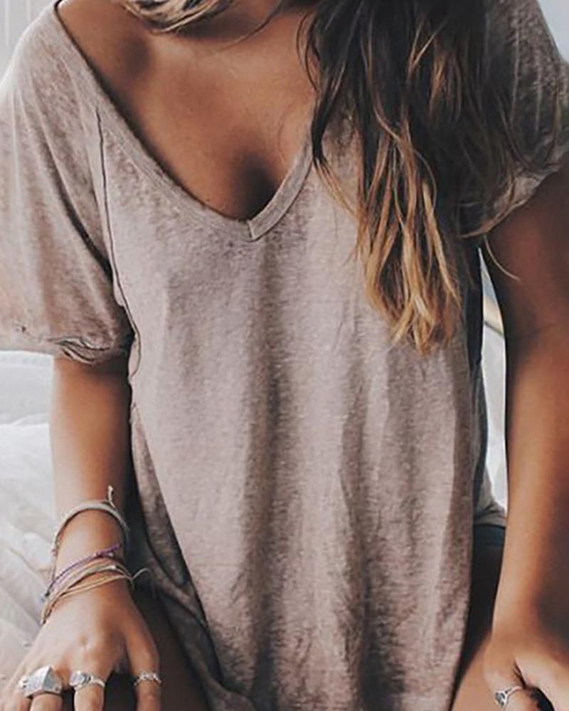 

Plain V-Neck Short Sleeve T-shirt, Khaki