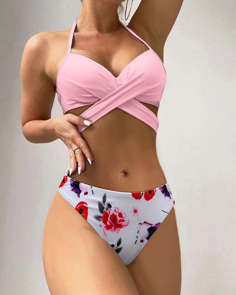 

Floral Print Crisscross Tied Detail Halter Bikini Set, Pink