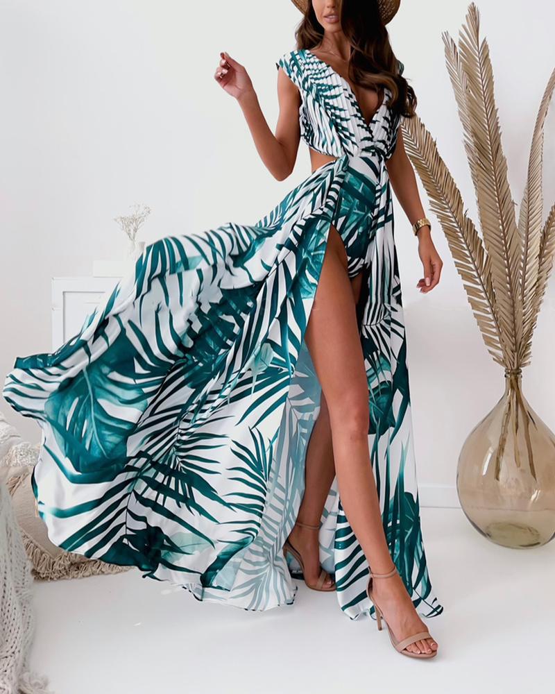 

Tropical Leaves Print Sleeveless Cut-out Asymmetrical Maxi Dress, Blue