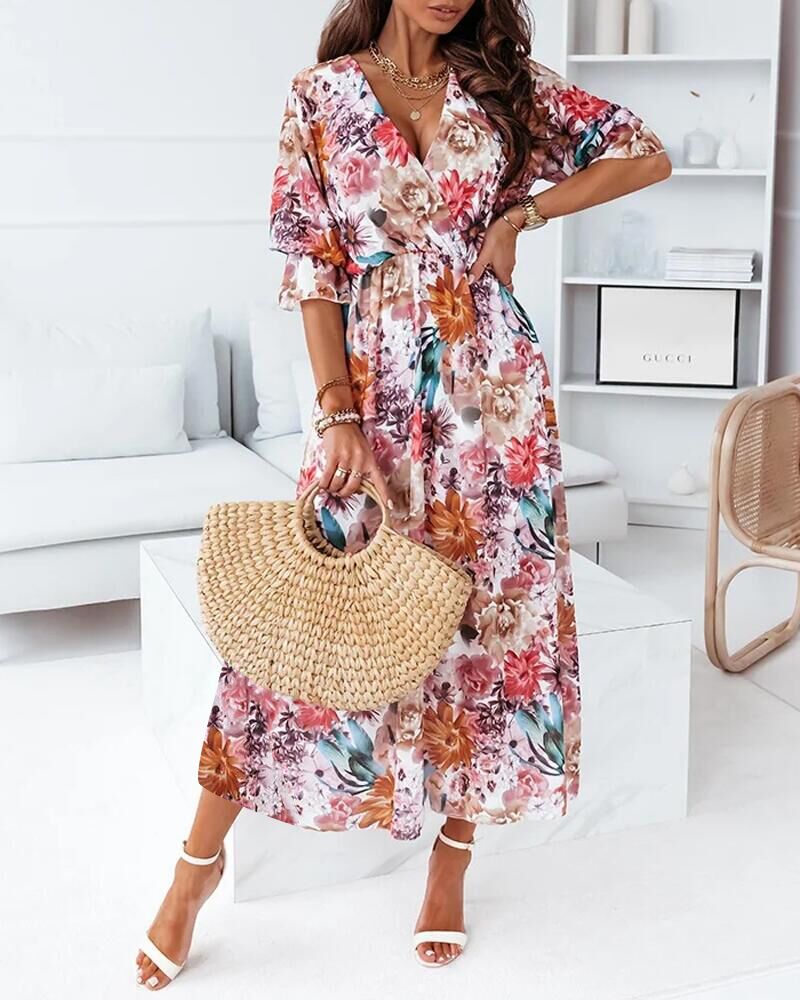 

Floral Print Flounce Sleeve Wrap Dress, Red