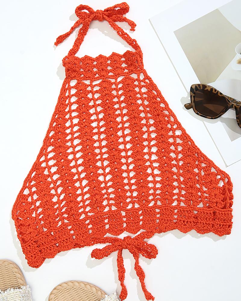 

Halter Knit Hollow-Out Crop Cover Up Top, Orange