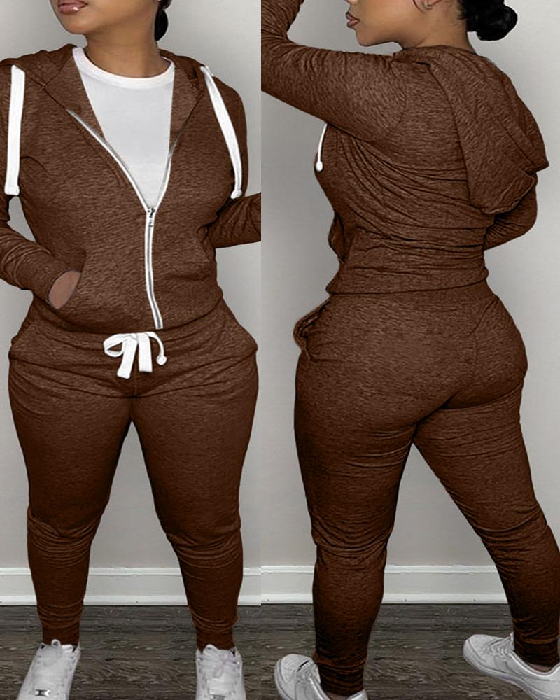 

Plus Size Zipper Design Sweatshirt & Sweatpants Set, Coffee