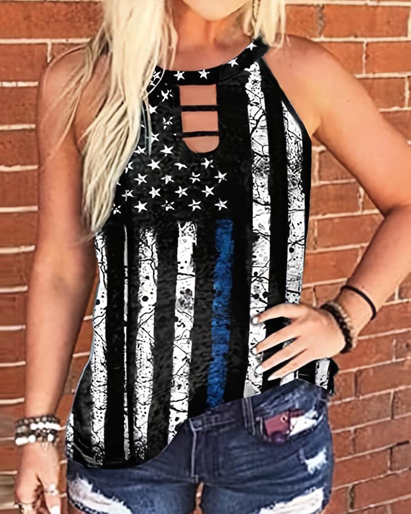 

Independence Day Flag Print Ladder Cutout Tank Top, Black