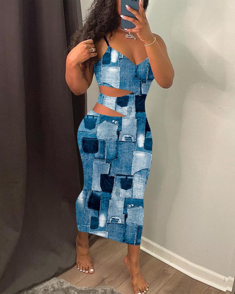 

Denim Look Print Cutout Bodycon Dress, Blue
