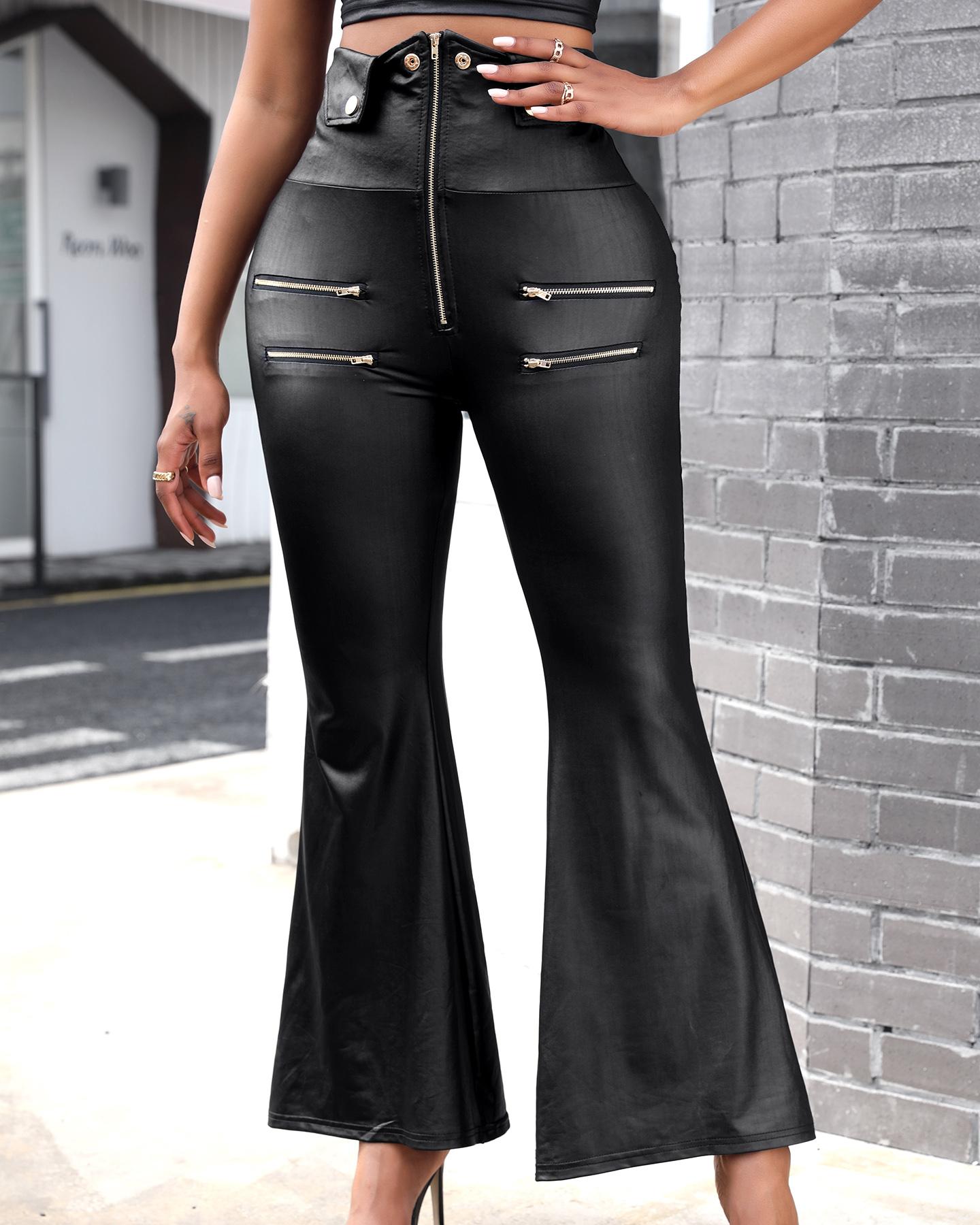 

PU Leather High Waist Zip Pants, Black