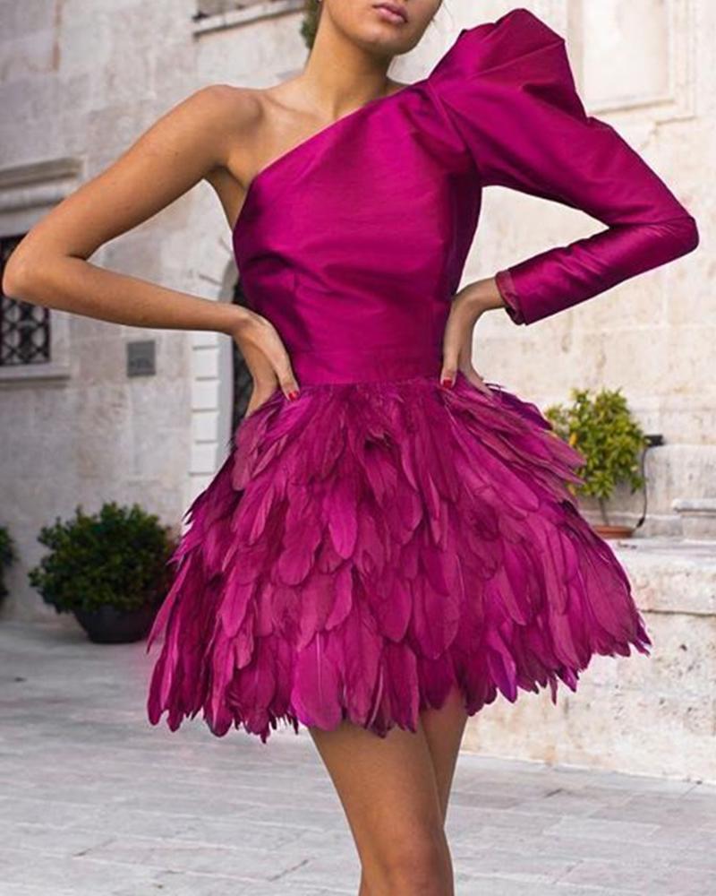 

One Shoulder Feather Hem Mini Dress, Purple