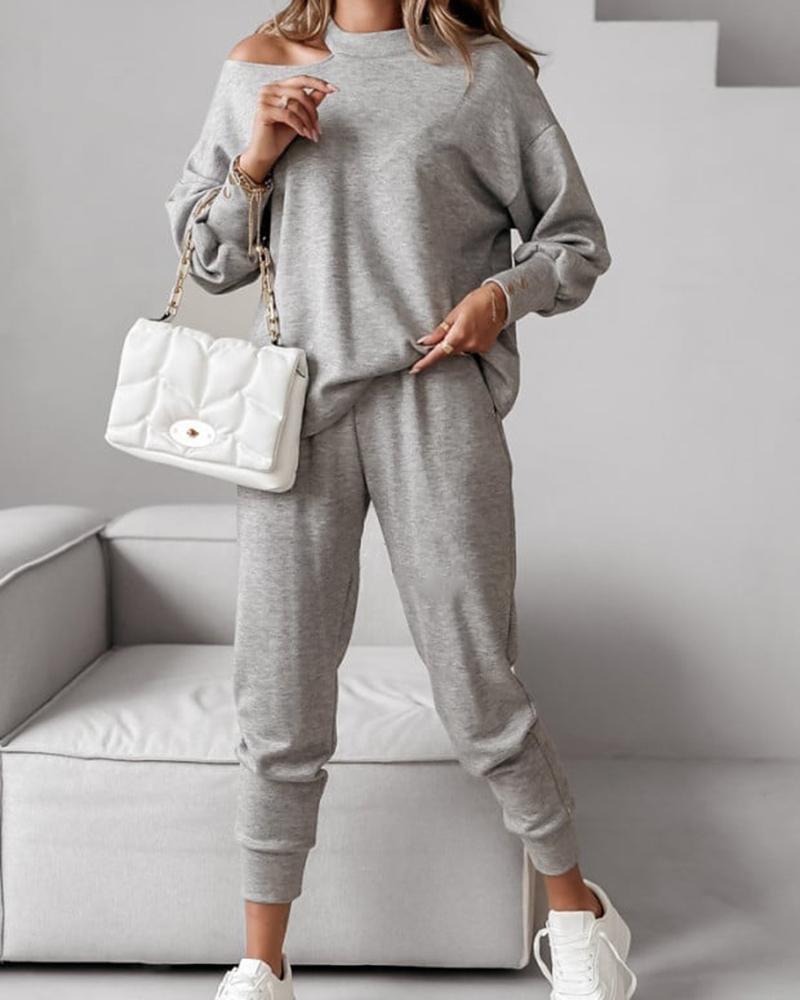 

Cold Shoulder Buttoned Long Sleeve Top & Pants Set, Gray