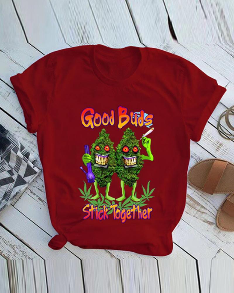 

Christmas Cartoon Buds Print Short Sleeve T-shirt, Wine red