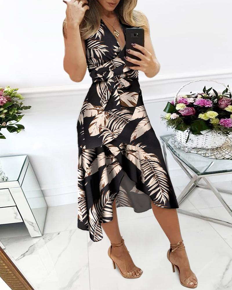 

Leaf Print Ruffle Hem Belted Midi Dress, Black