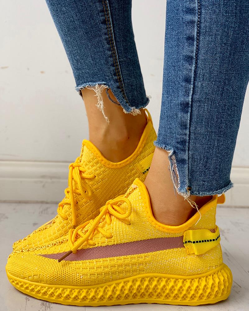 

Net Surface Breathable Lace-Up Sneakers, Yellow