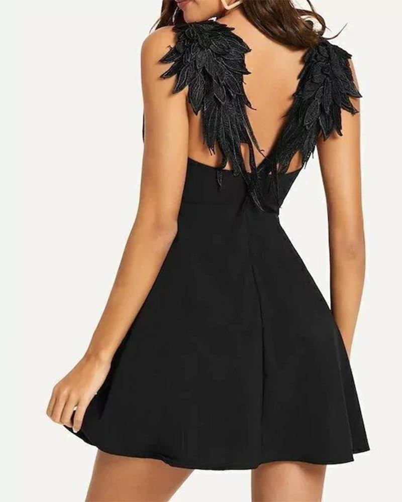 

Angel Wings Design Backless Mini Dress, Black
