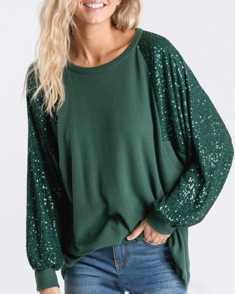 

Contrast Sequin Lantern Sleeve Top, Green