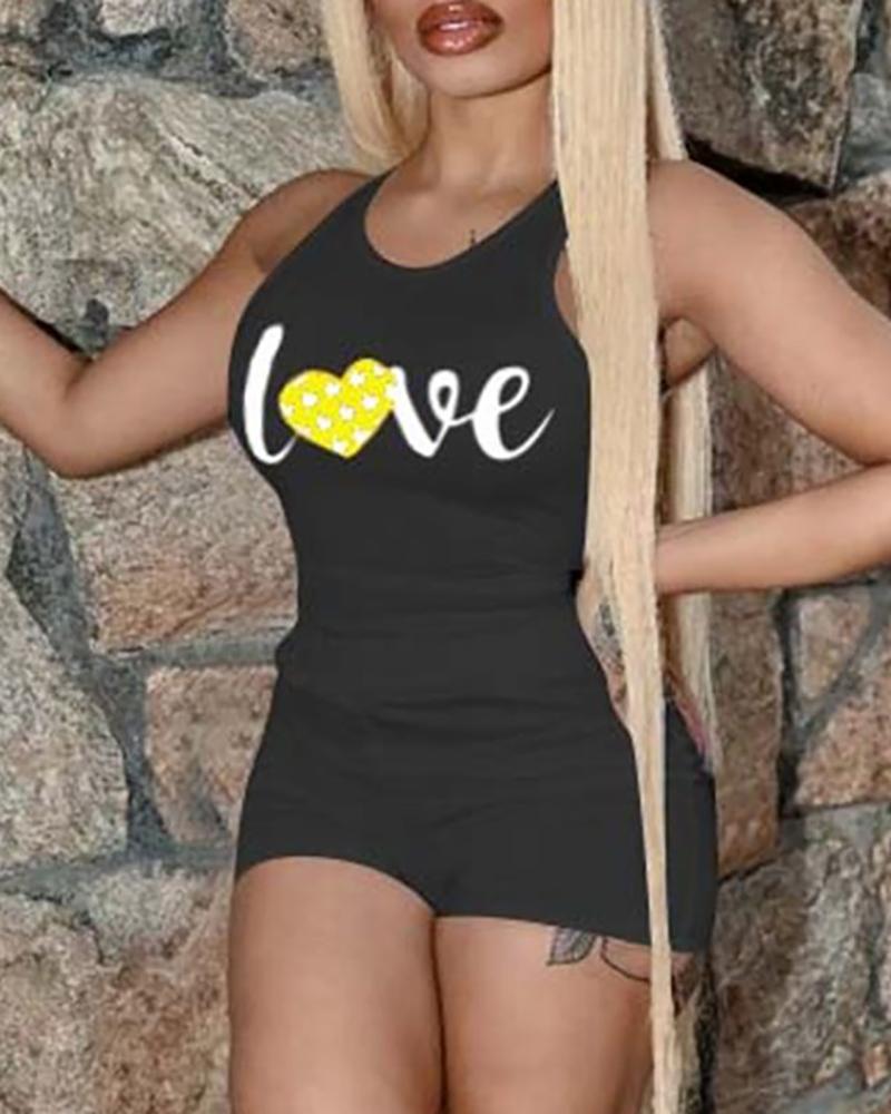 

Letter Print Tank Top & High Waist Shorts Set, Black