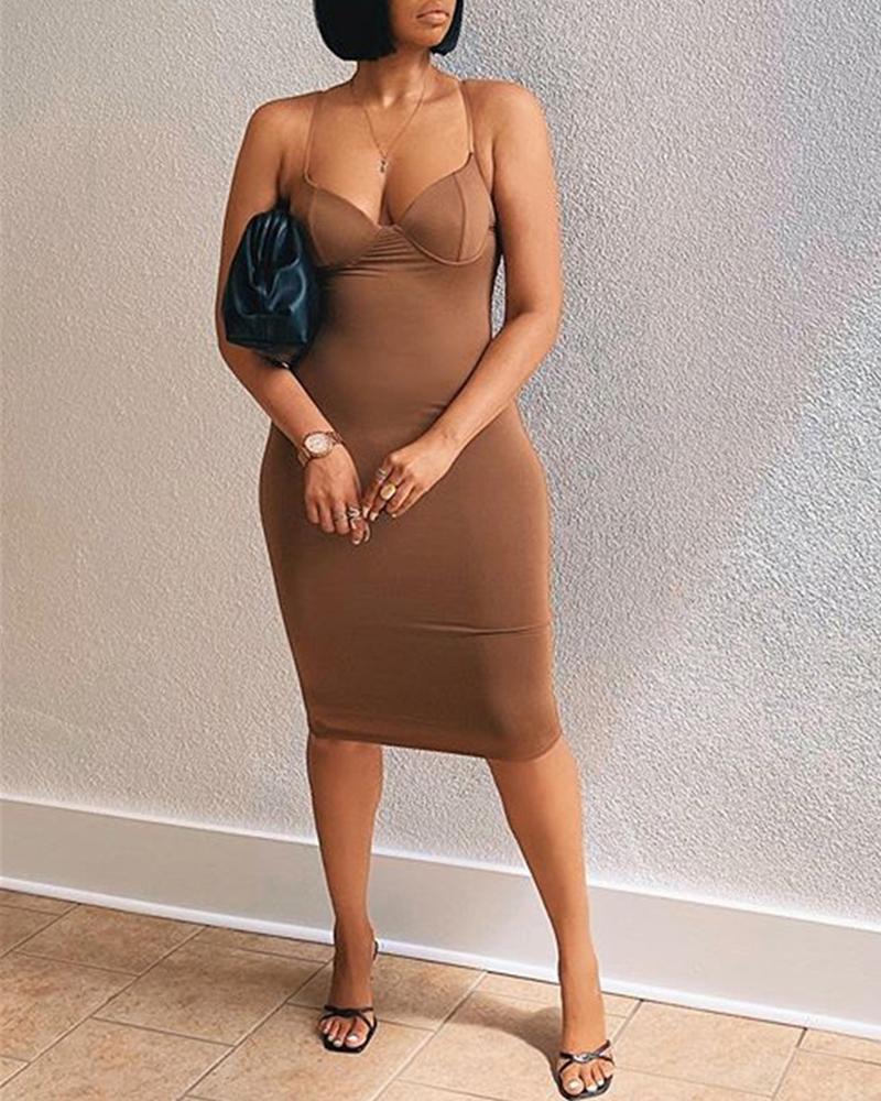 

V Neck Spaghetti Strap Bodycon Dress, Brown