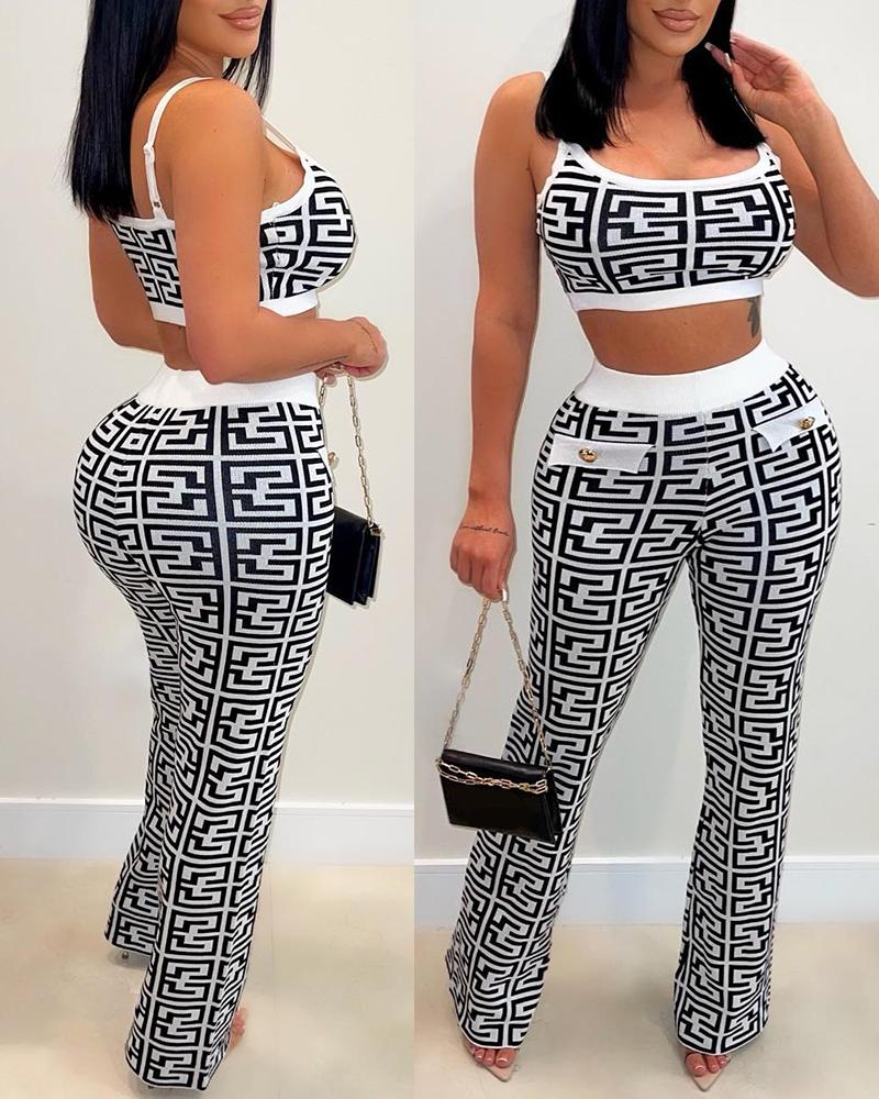 

Geometric Print Crop Tank Top & Pants Set, Blackwhite