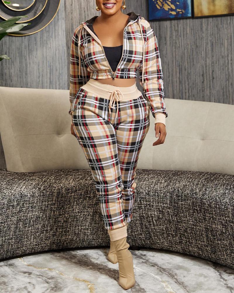 

Plaid Print Hooded Zip Up Crop Top & Pants Set, Khaki