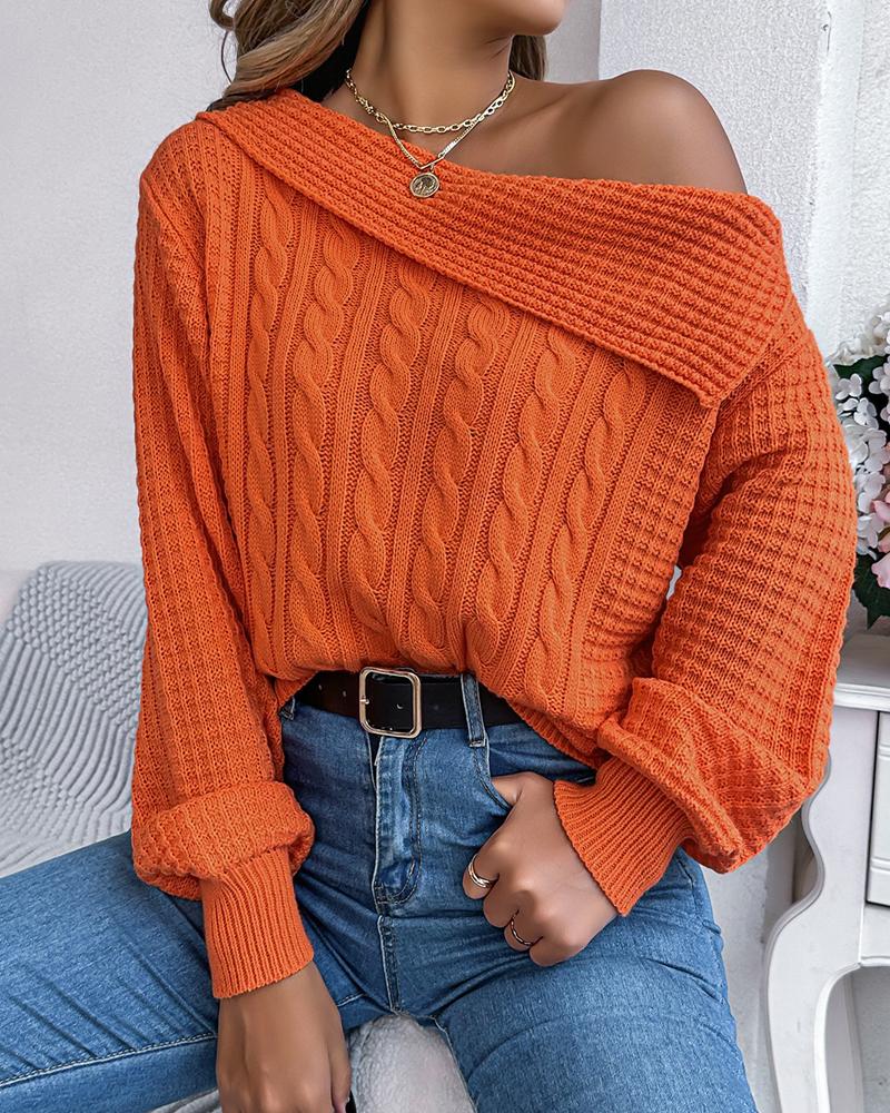 

Skew Neck Long Sleeve Cable Knit Sweater, Orange