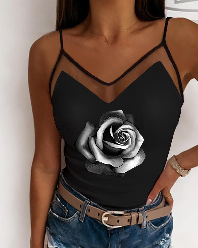 

Floral Print Contrast Mesh Cami Top, Black
