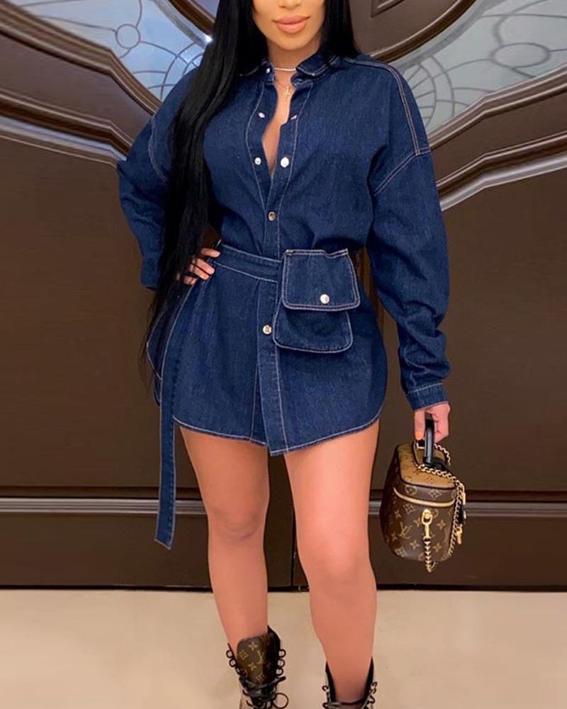 

Drop Shoulder Pocket Split Hem Button Up Belted Shirt Dress, Dark blue