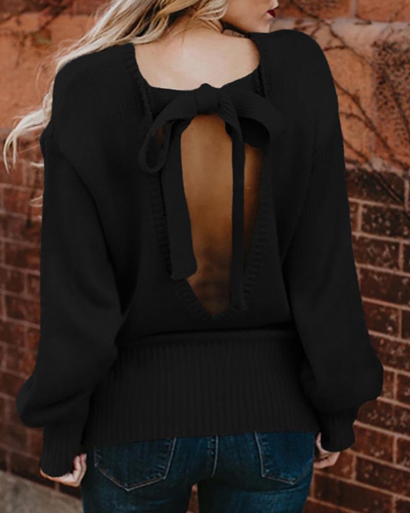 

Knotted Backless Lantern Sleeve Knit Sweater, Black