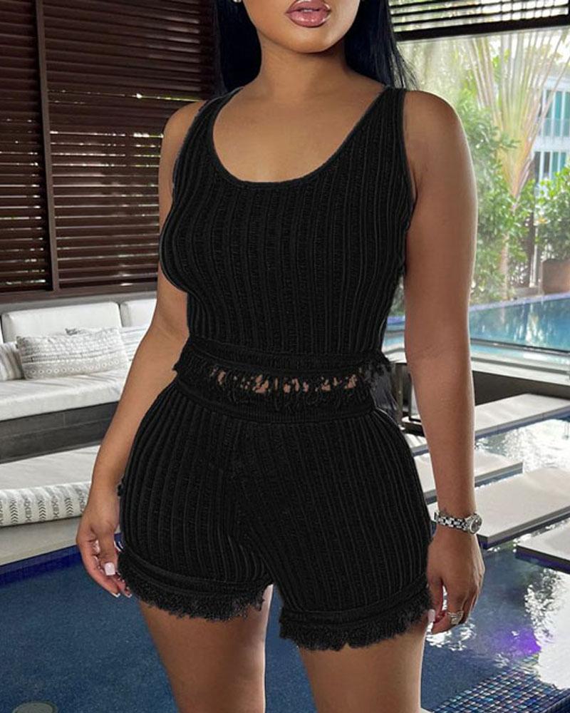 

Tassel Trim Crop Tank Top & Shorts Set, Black