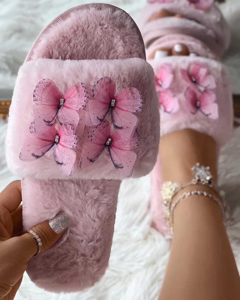 

Butterfly Pattern Fuzzy Slippers, Pink