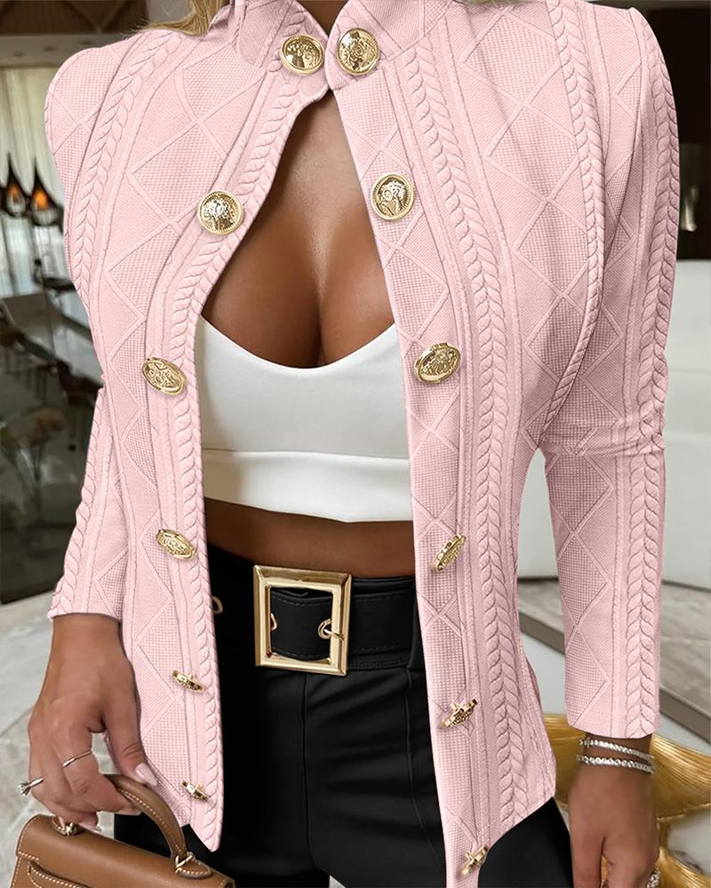 

Abrigo con cuello alto texturizado y botones de metal en la parte delantera con diseño de rombos, Pink