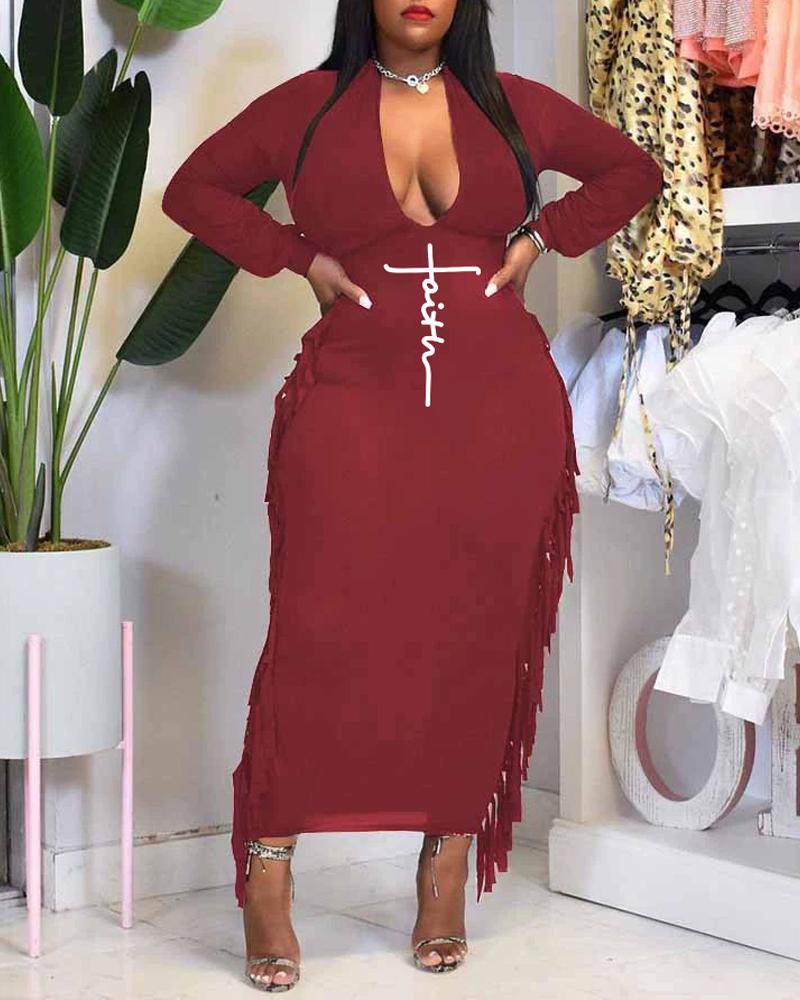 

Plus Size Letter Print Tassel Trim Long Sleeve Dress, Wine red
