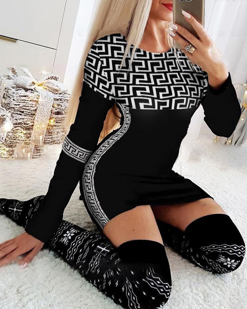 

Geo Print Long Sleeve Patchwork Bodycon Dress, Black
