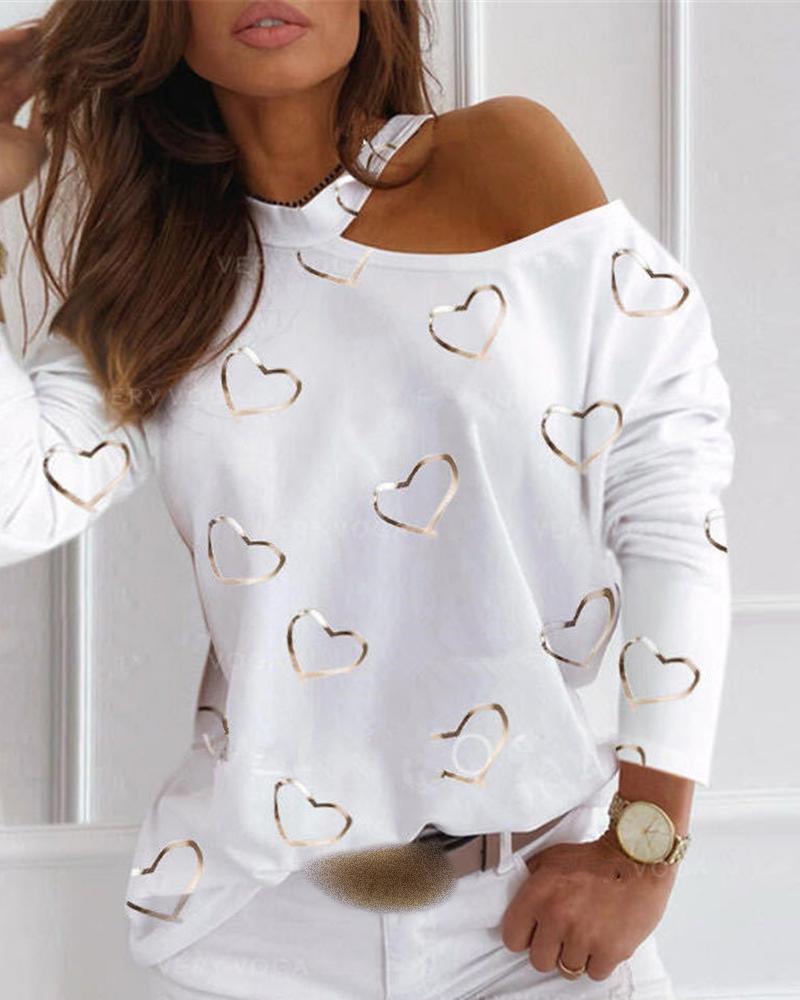 

Cold Shoulder Heart Print Long Sleeve Top, White