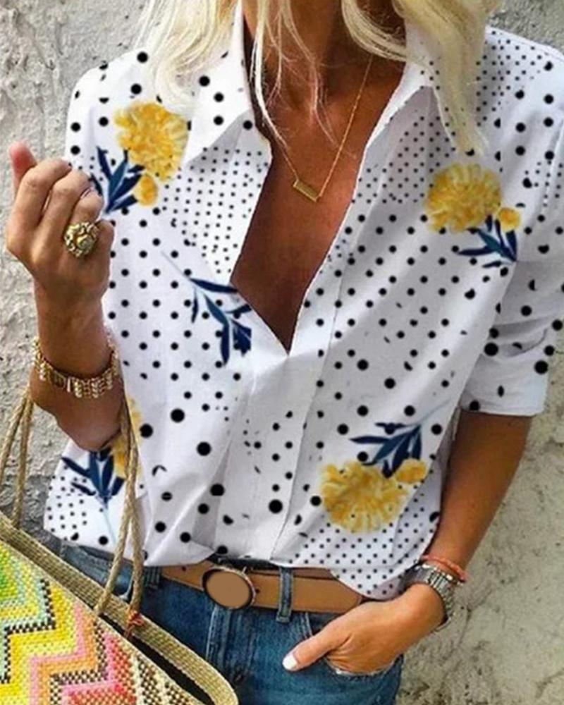 

Floral Polkadot Print Long Sleeve Shirt, White