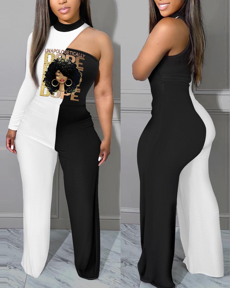 

Figure Letter Print Colorblock One Shoulder Jumpsuit, Black
