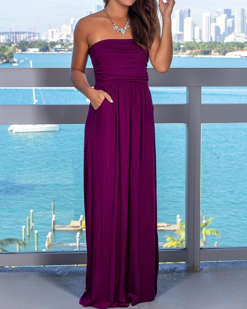 

Bandeau Ruched Pocket Design Maxi Dress, Dark purple