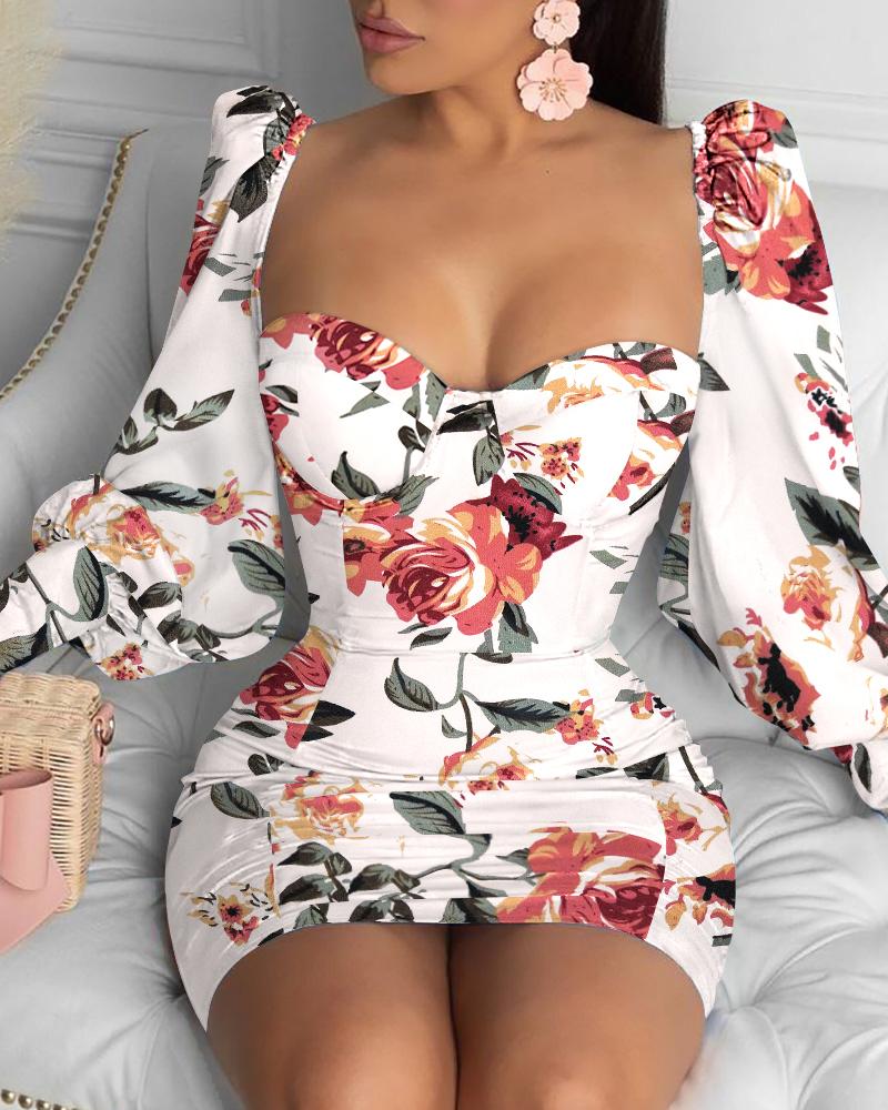 

Floral Print Lantern Sleeve Ruched Bodycon Dress, White