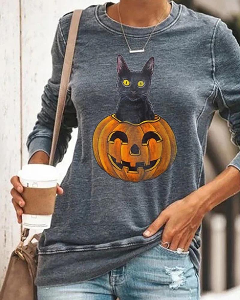 

Halloween Pumpkin Head Smiley Cat Print Sweatshirt, Gray