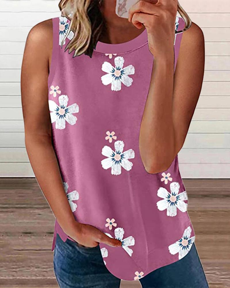 

Floral Print Round Neck Casual Tank Top, Pink