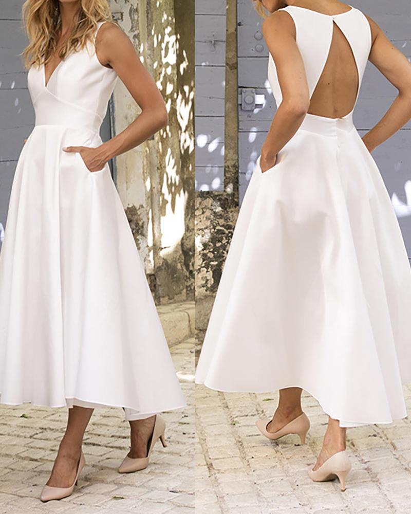

Sleeveless Pocket Design Backless Casual Dress, White