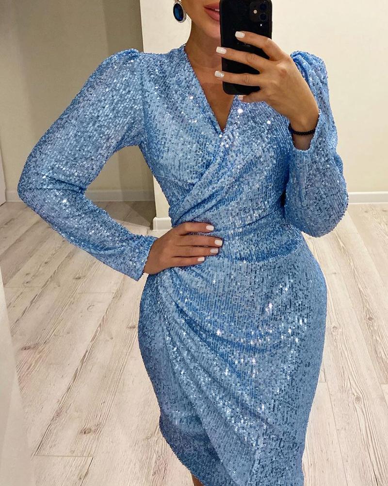 

Ruched Puff Sleeve Slit Allover Sequins Dress, Blue
