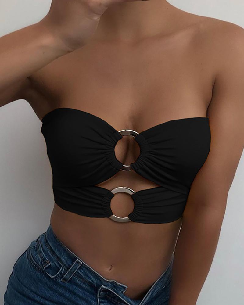 

O-Ring Decor Ruched Bandeau Crop Top, Black