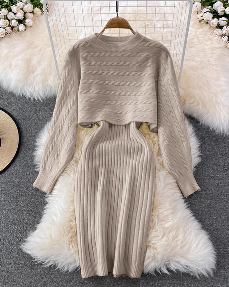 

Cable Knit Long Sleeve Sweater & Sleeveless Casual Dress, Khaki