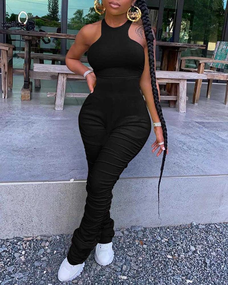 

Sleeveless Ruched O-neck Skinny Jumpsuit, Black