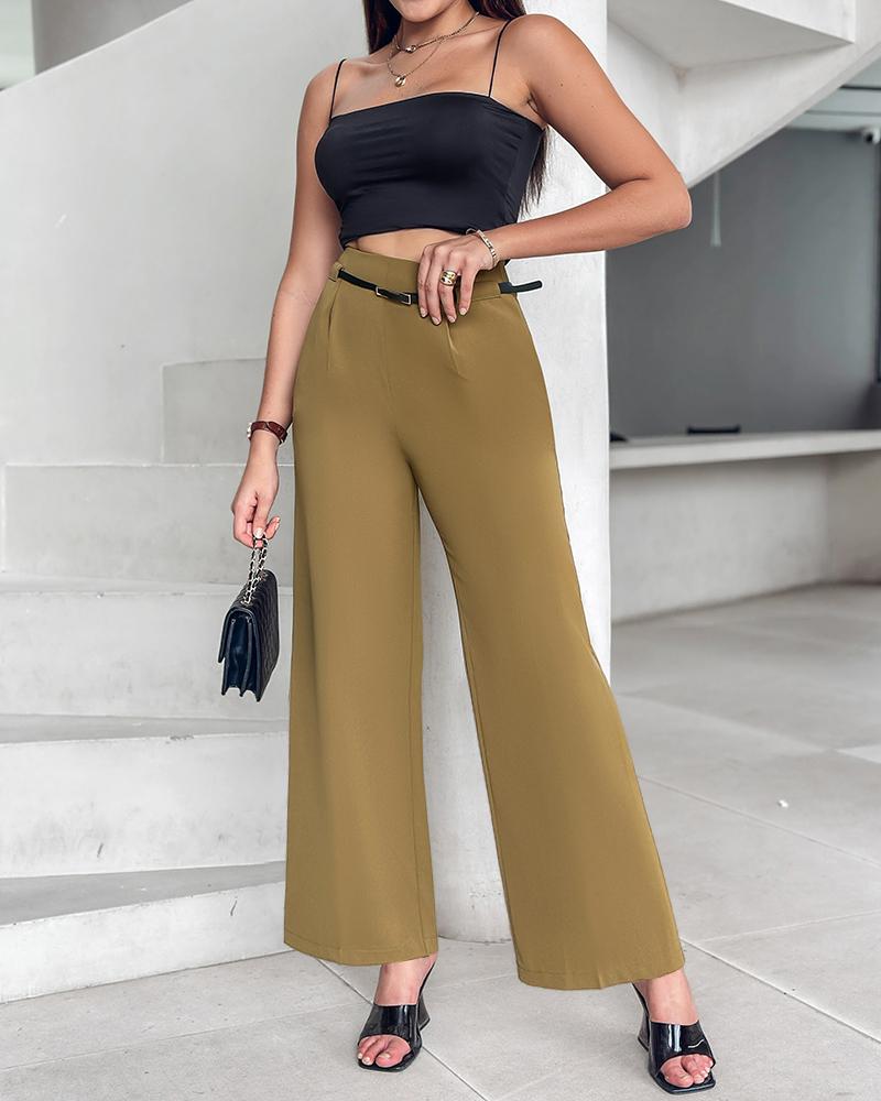 

Pantalones anchos de cintura alta con cinturón sólido, Khaki