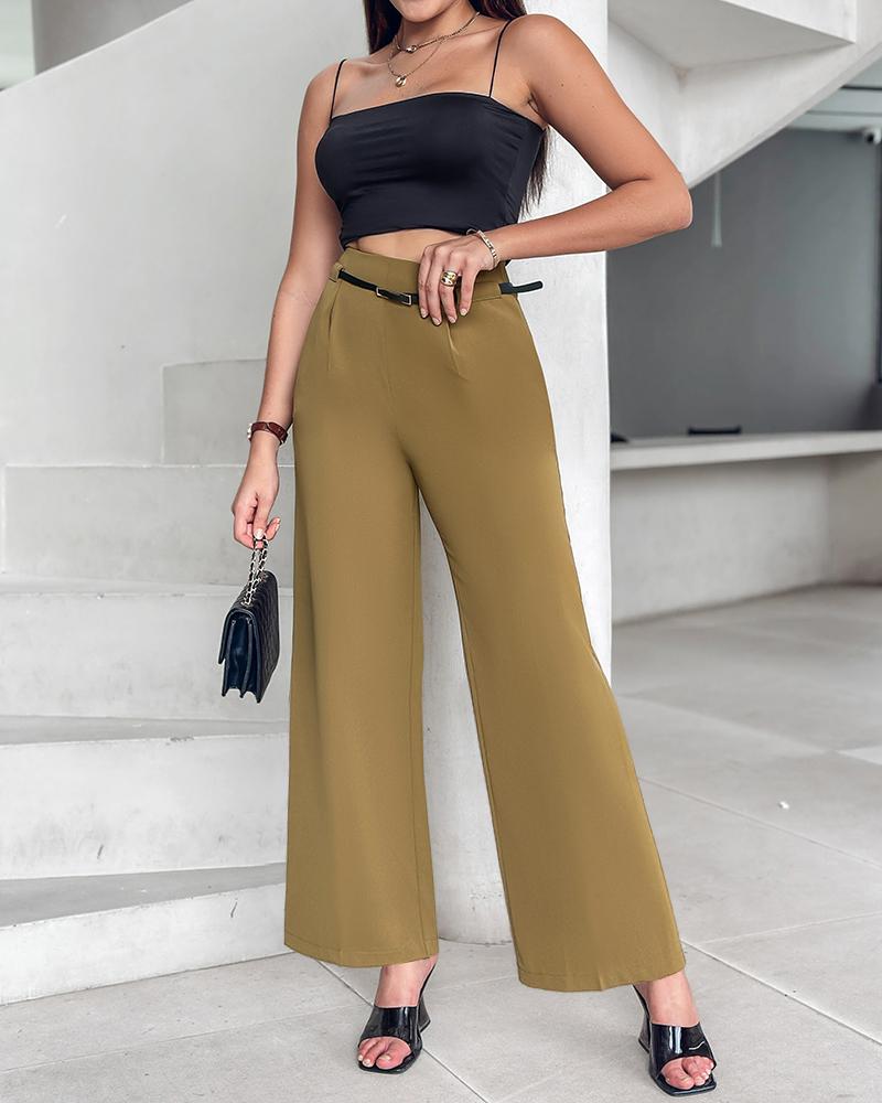 

Solid High Waist Wide Leg Pants With Belt, Khaki